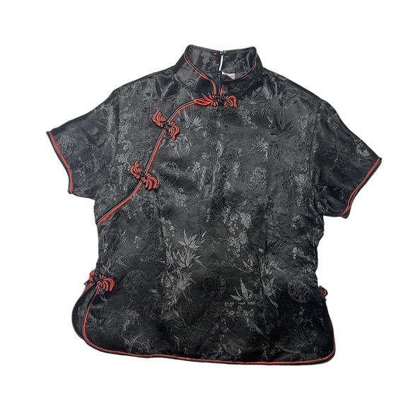 Mimi Tops - MIMI Black With Red Women's Chinese Qipao Cheongsam Short Sleeve Blouse | XXL